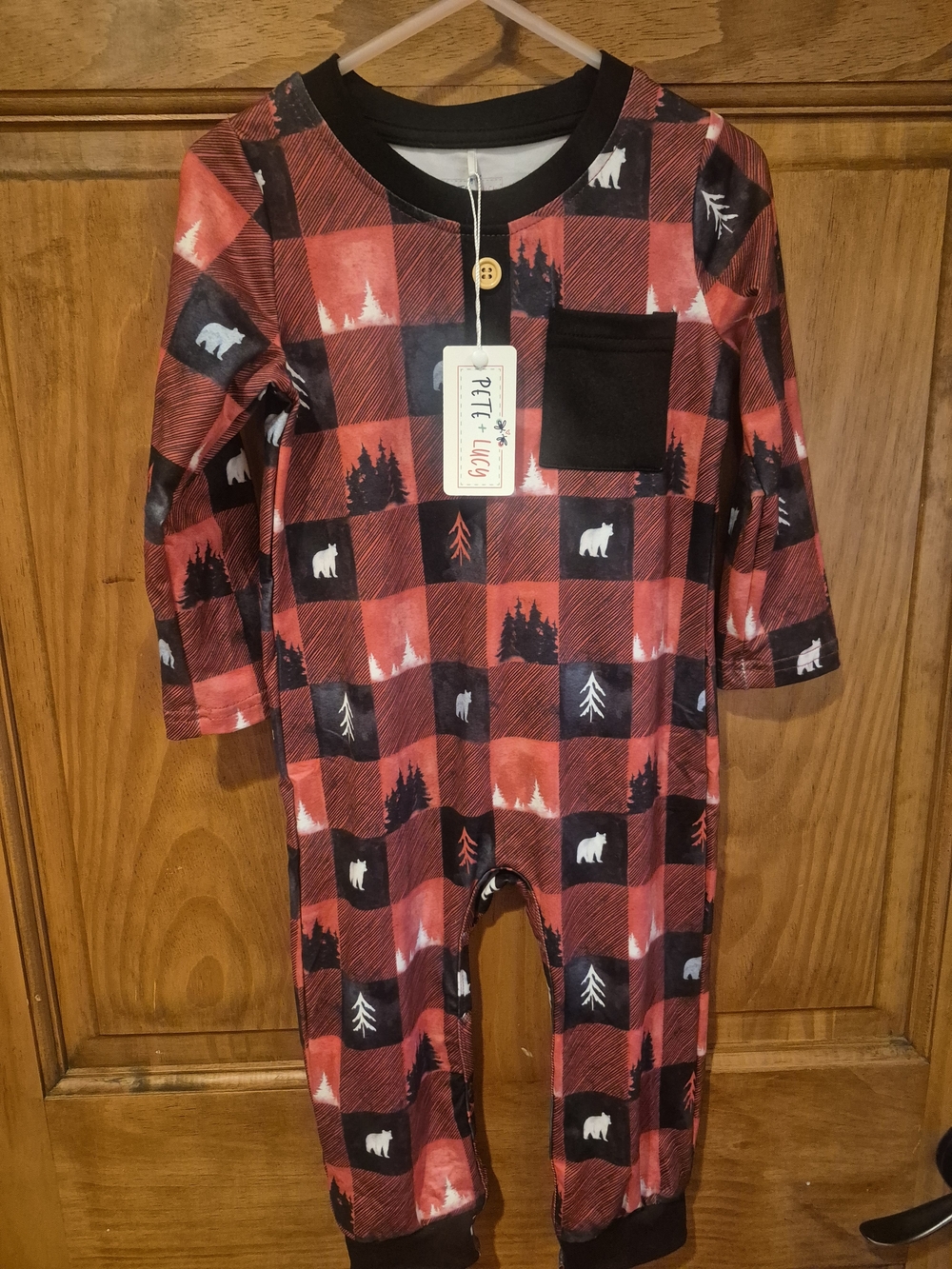 Petit Lem Red Buffalo Plaid Bear Print One-Piece Bodysuit with Black Pocket